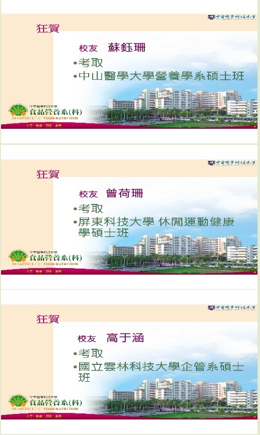   賀！本校食品營養系校友　曾荷珊、蘇鈺珊、高于涵同學高中109學年度研究所，全體師生同賀。 
