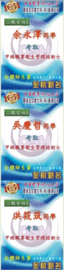 賀!!!職安系二職安四A余永澤、二職安四A吳慶哲、二職安四A洪筱筑考取甲級職業衛生管理技術士