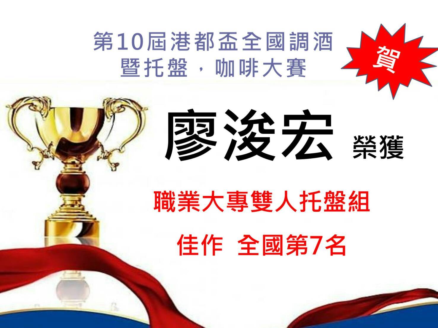 恭賀! !食營科五甲廖浚宏同學榮獲第十屆港都盃托盤雙人組全國第七名，亮眼表現，全體師生同賀。 